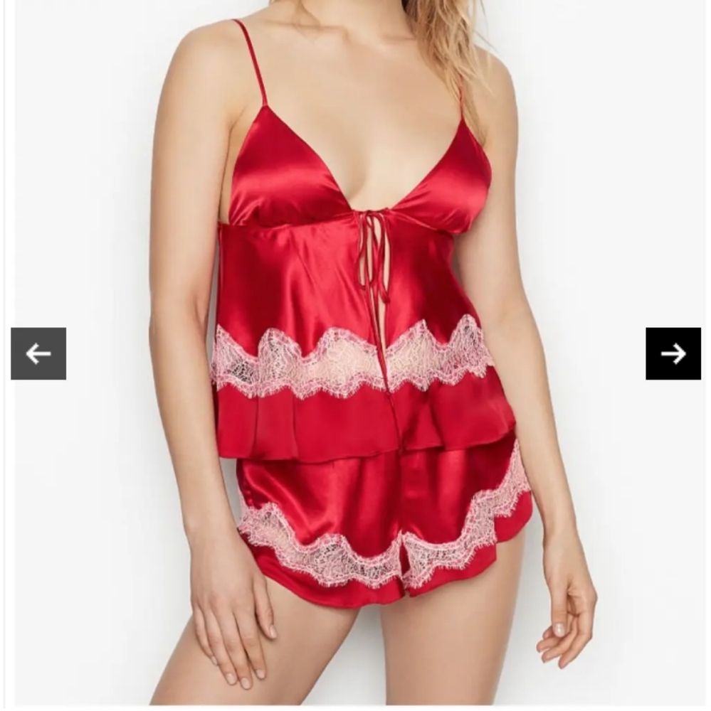 Victoria's Secret Satin Cami And Short Sleep Set Womens XL Red Lace Ruffle - Picture 3 of 15